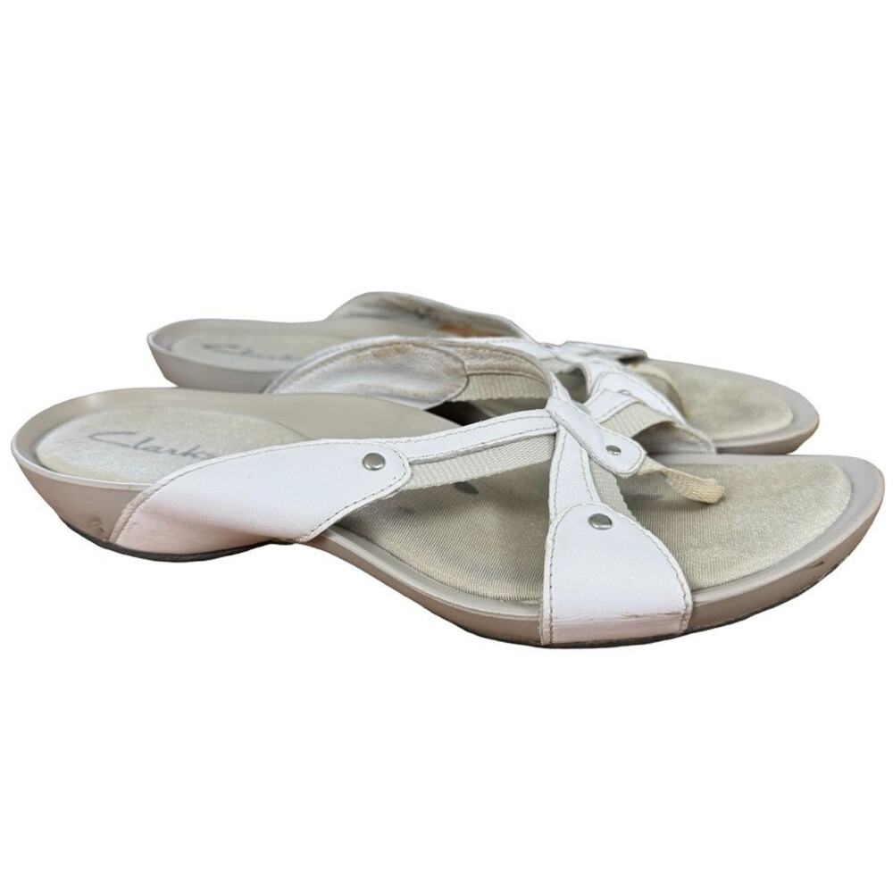 Clarks White Thongs Slides Slip On Sandals Casual Shoes White Leather sz 8 M